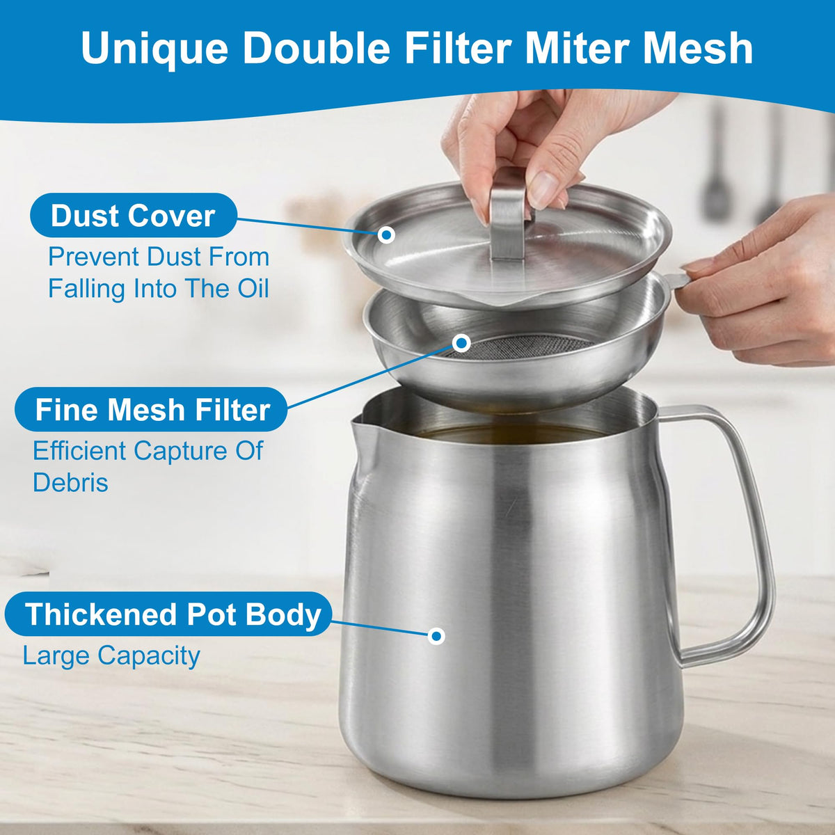 68oz Stainless Steel Oil Filter Pot with Fryer Basket W141
