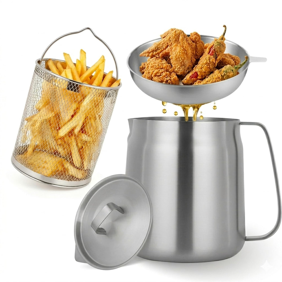 68oz Stainless Steel Oil Filter Pot with Fryer Basket W141