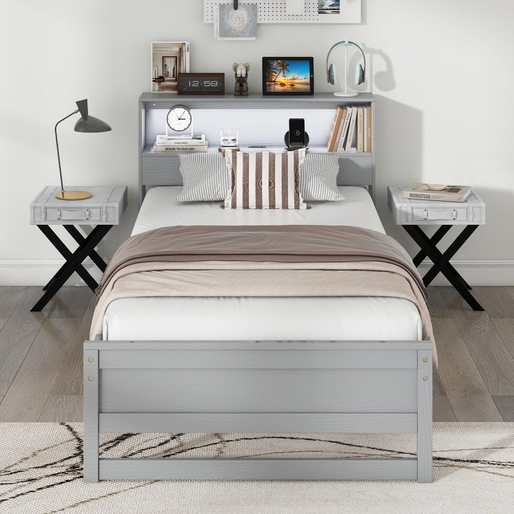 Twin Wood Platform Bed with Storage Headboard and Charging Station X10707