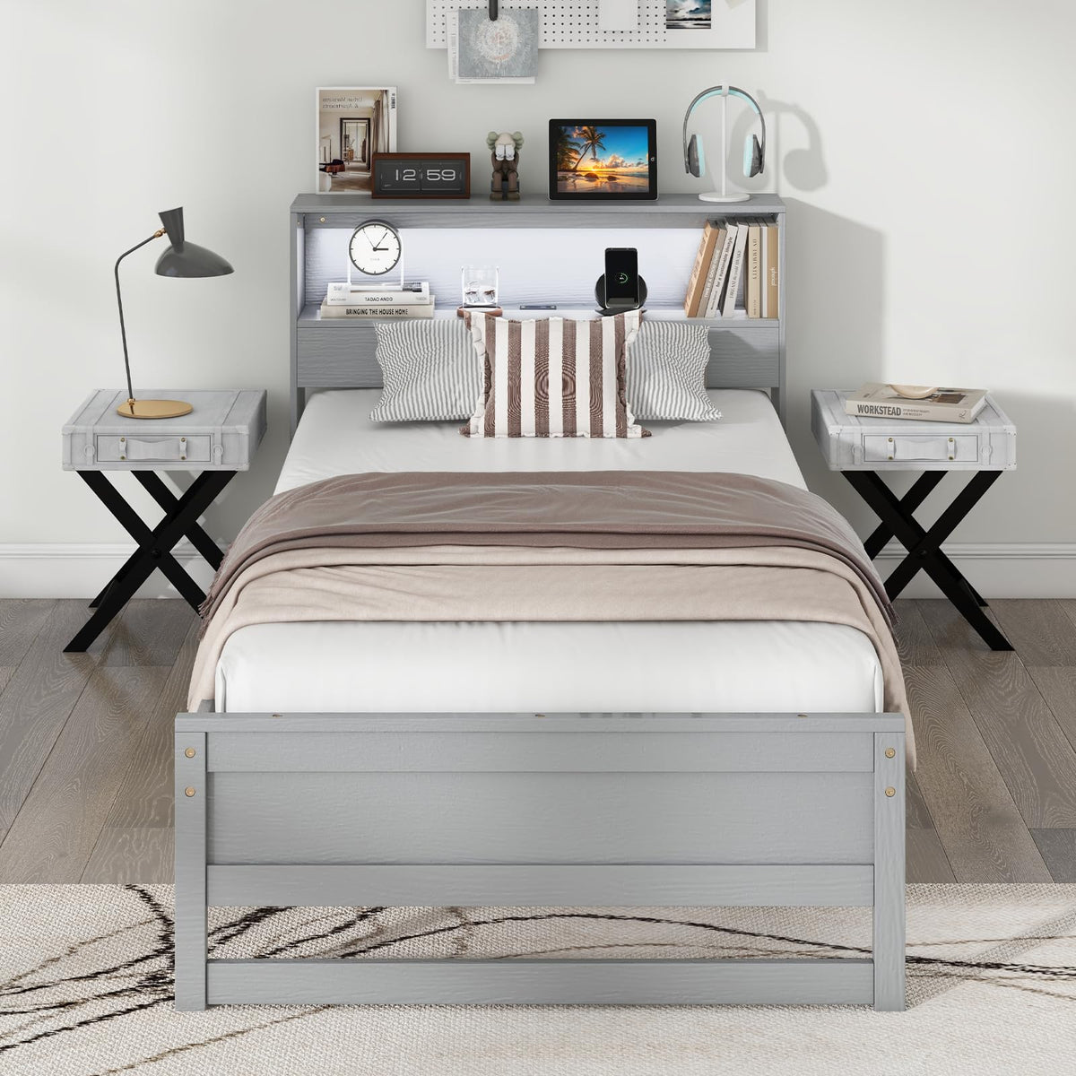 Twin Wood Platform Bed with Storage Headboard and Charging Station X10707