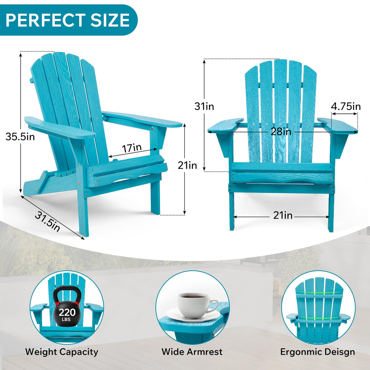 Folding Adirondack Chairs Set of 2 Solid Wood Turquoise Blue W387358