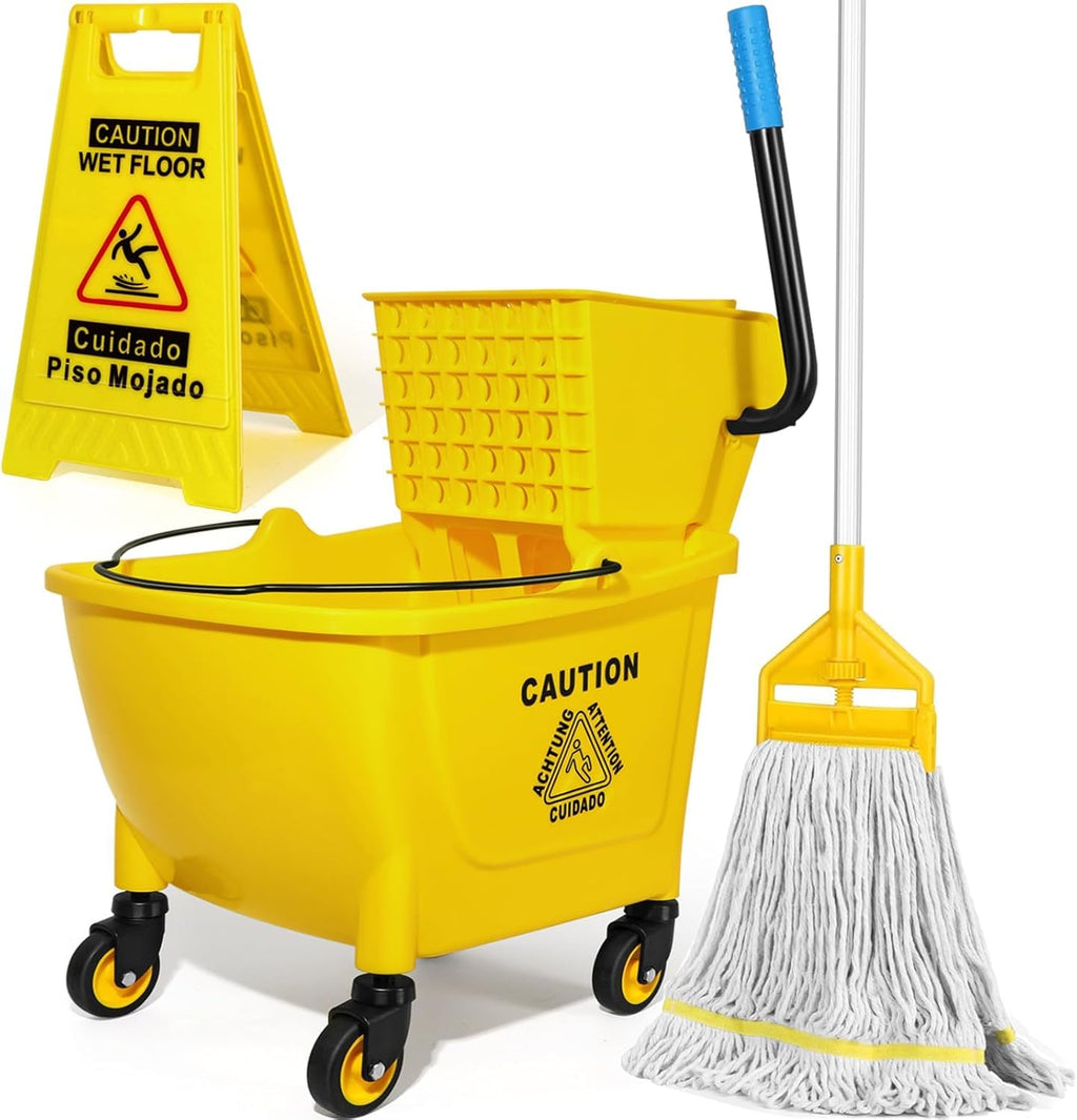 Yellow 35Qt Mop Bucket with Side Press Wringer on Wheels Z5859