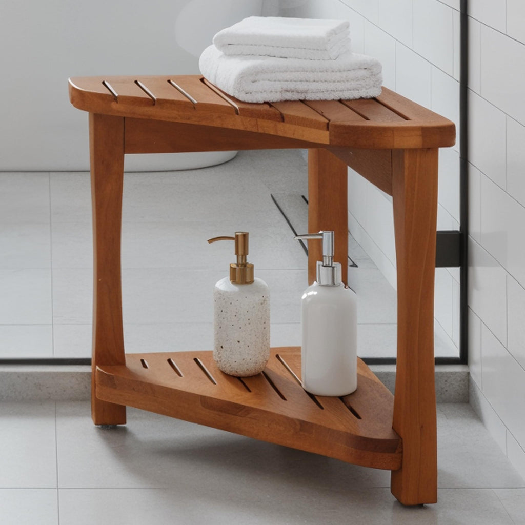 Teak Corner Shower Bench with Storage Shelf W8256