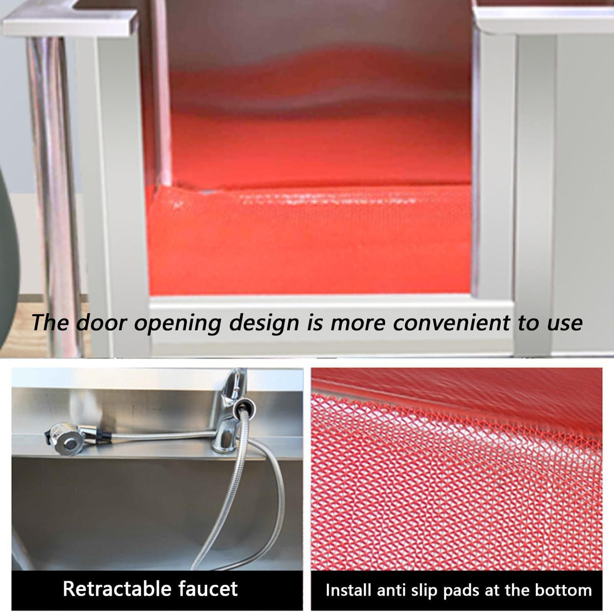 Stainless Steel Dog Washing Station Tub with Sliding Door and Telescopic Faucet B134978