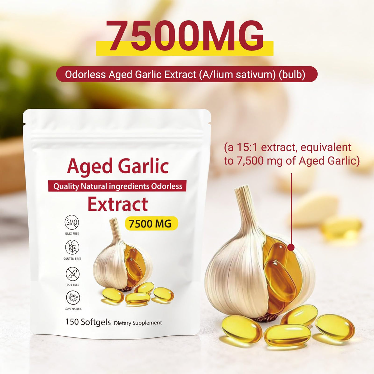 Odorless Aged Garlic Extract 7500mg Softgels M900