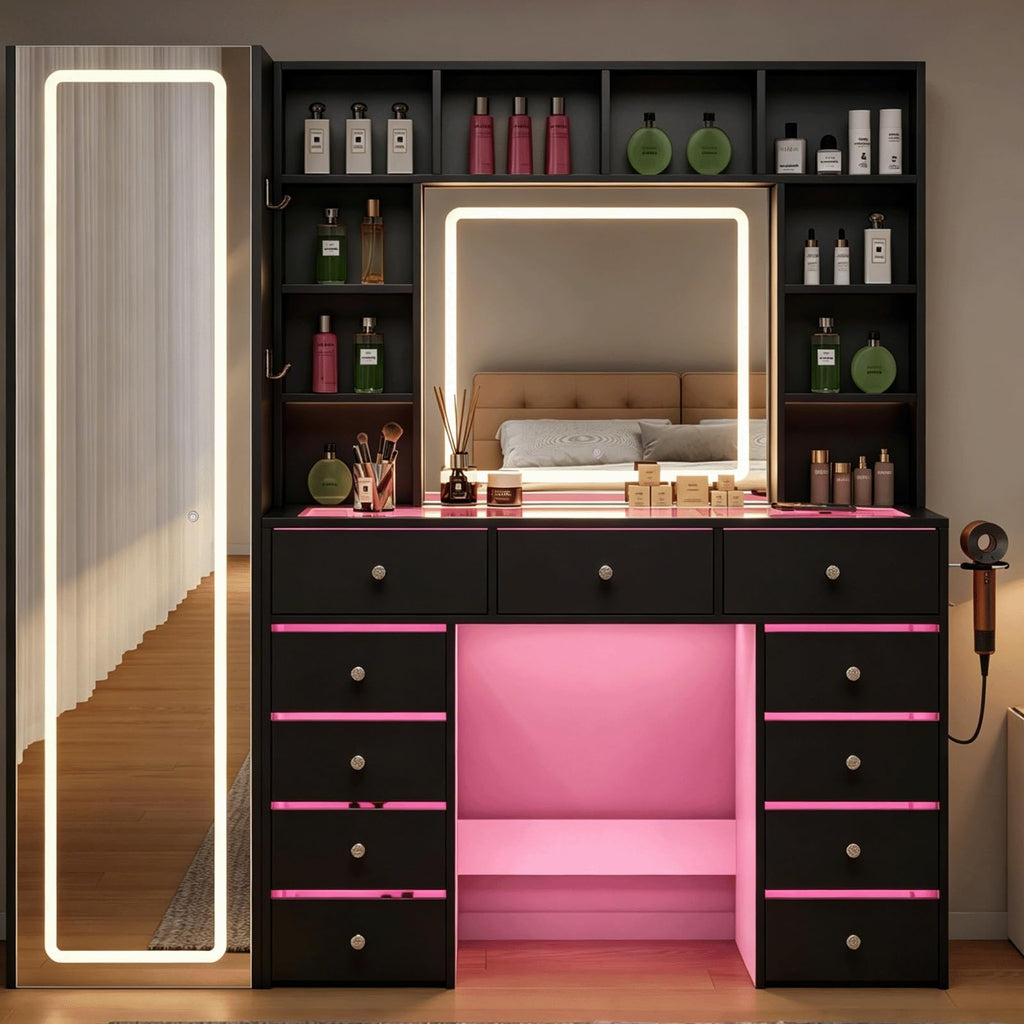 Full Length Mirror Vanity Desk with LED Mirror and 11 Drawers I4078