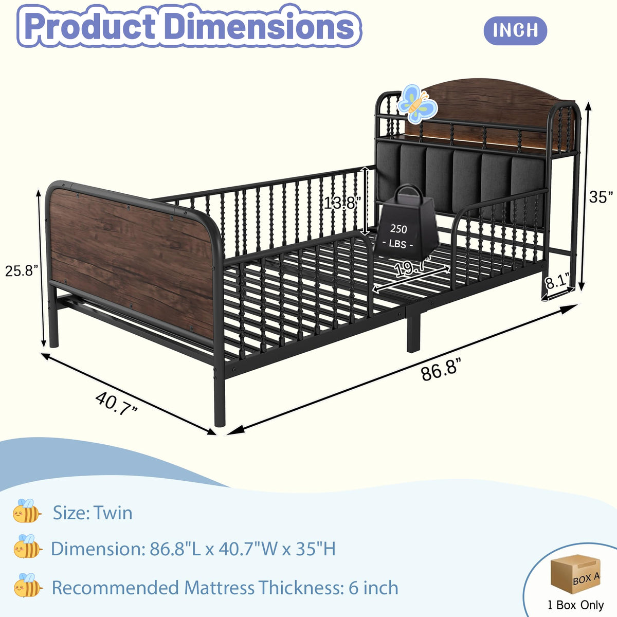 Black Metal Twin Bed Frame with Storage and Upholstered Headboard Q857