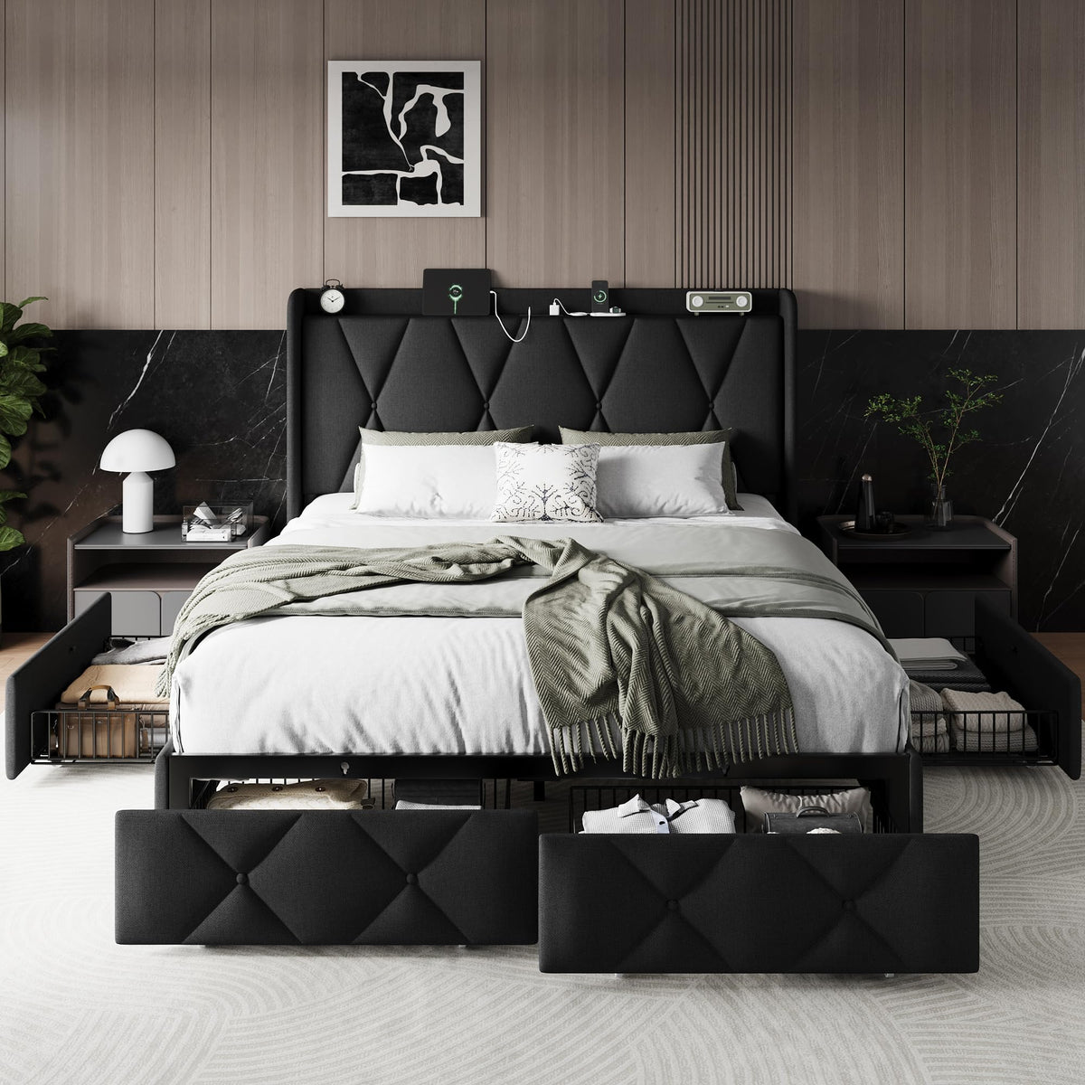Queen Bed Frame with 4 Storage Drawers and Charging Station D2287