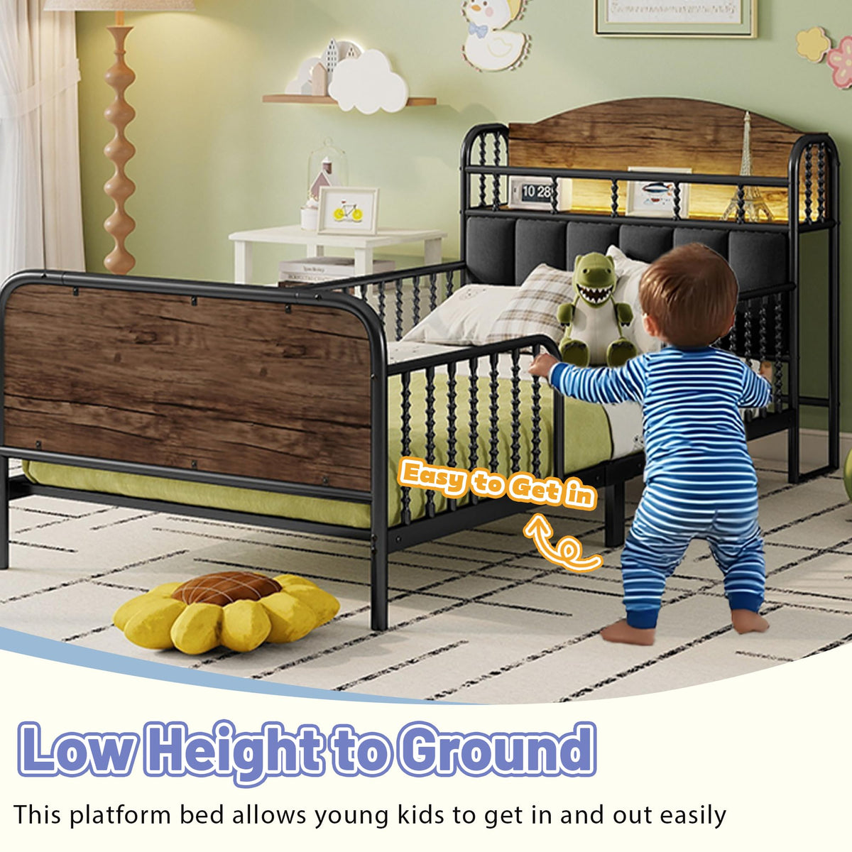 Black Metal Twin Bed Frame with Storage and Upholstered Headboard Q857