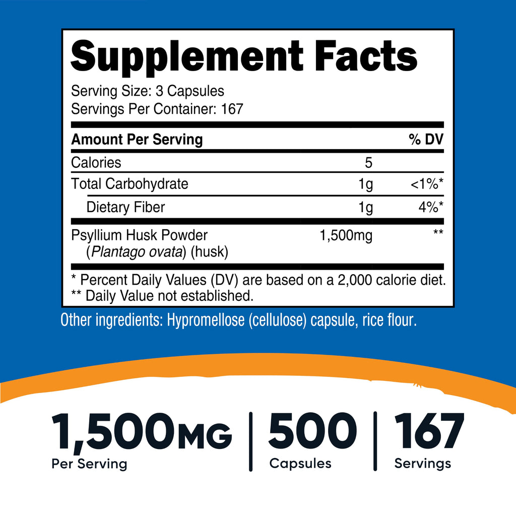 Psyllium Husk 1500mg 500 Capsules Gluten Free F242