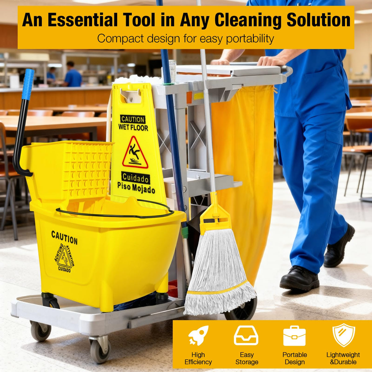 Yellow 35Qt Mop Bucket with Side Press Wringer on Wheels Z5859