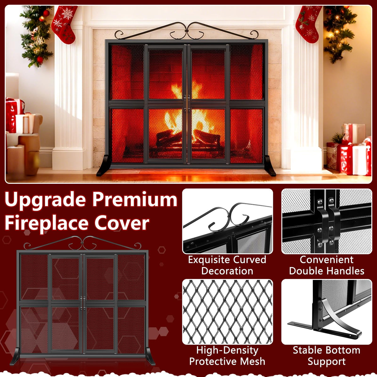 Hand-Forged Iron Fireplace Screen with Sliding Doors E734267
