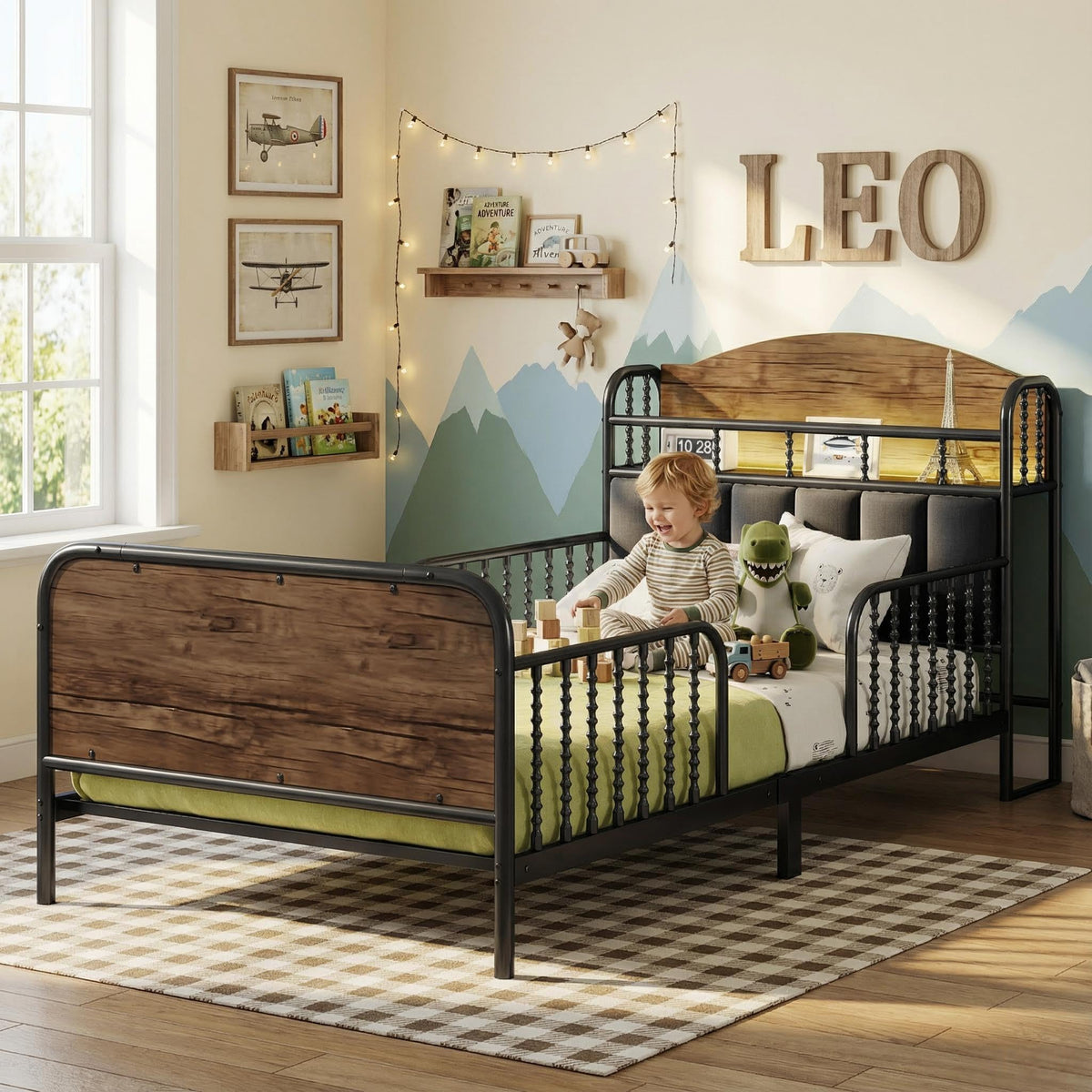 Black Metal Twin Bed Frame with Storage and Upholstered Headboard Q857
