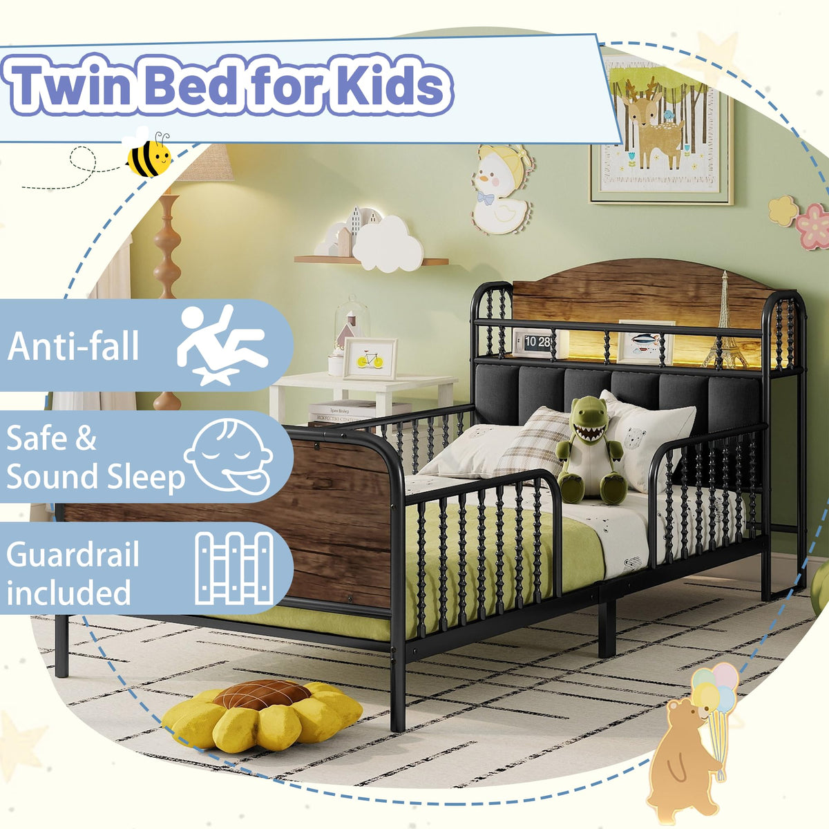 Black Metal Twin Bed Frame with Storage and Upholstered Headboard Q857