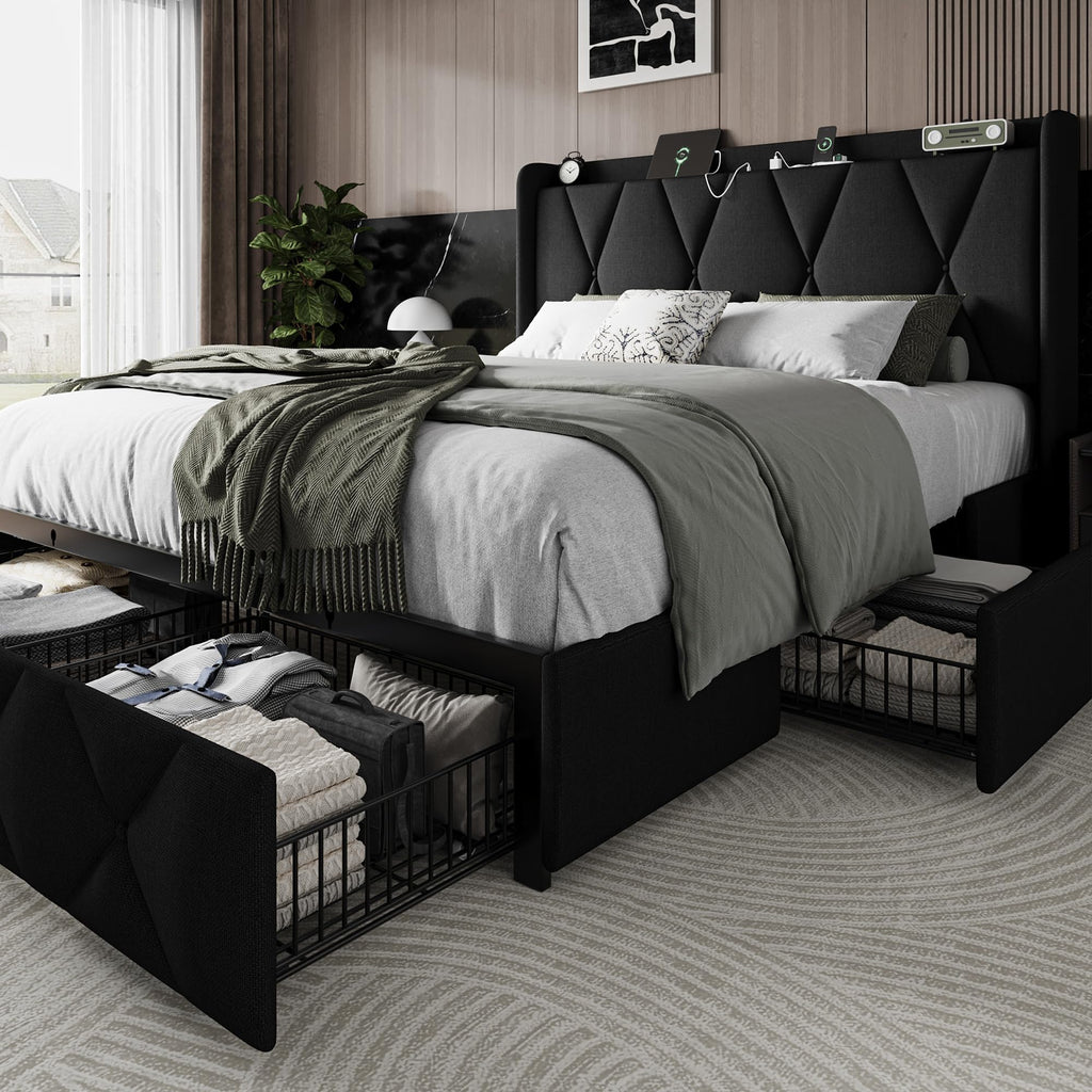 Queen Bed Frame with 4 Storage Drawers and Charging Station D2287