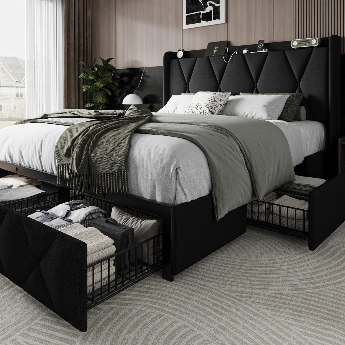 Queen Bed Frame with 4 Storage Drawers and Charging Station D2287