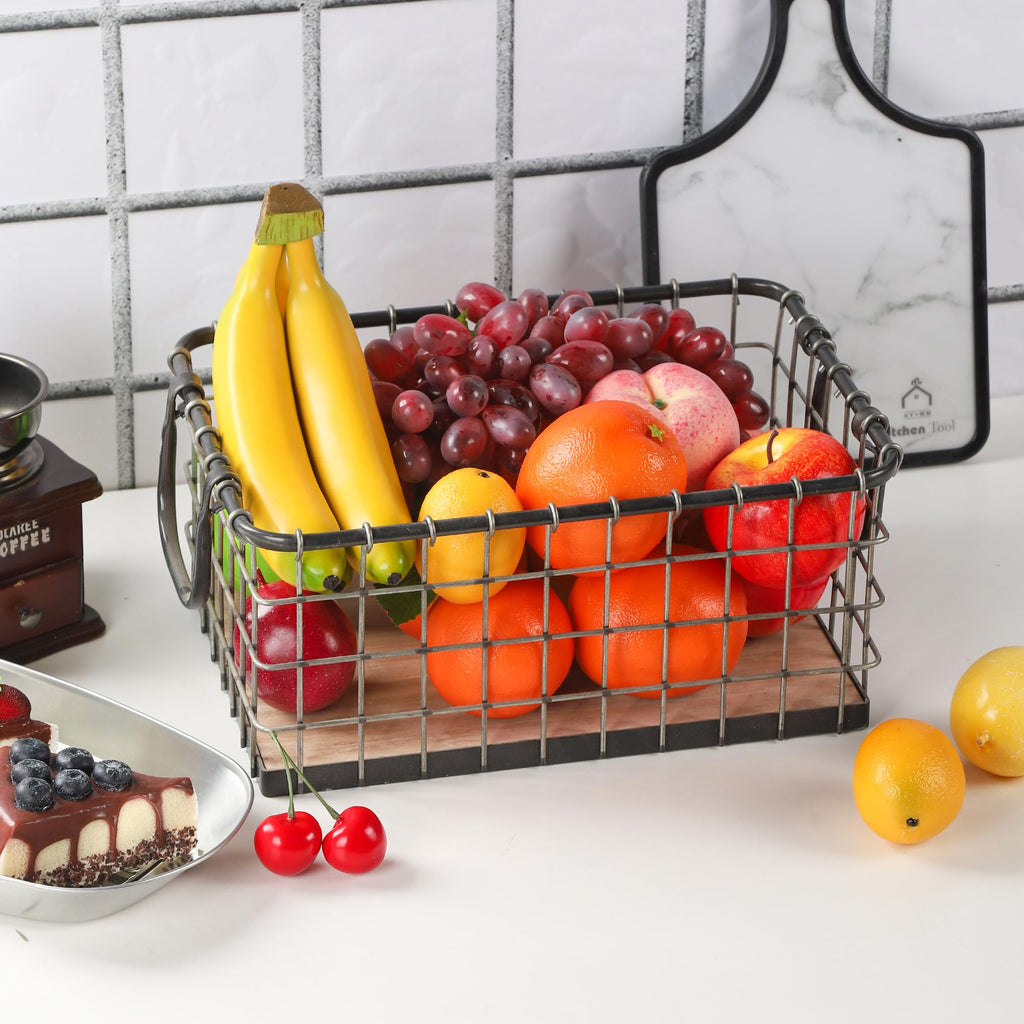 13.8" Wide Rectangular Metal Wire Basket with Wooden Bottom O274
