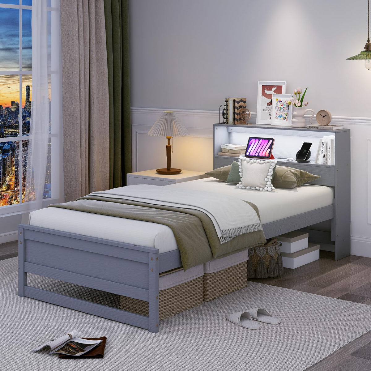 Twin Wood Platform Bed with Storage Headboard and Charging Station X10707