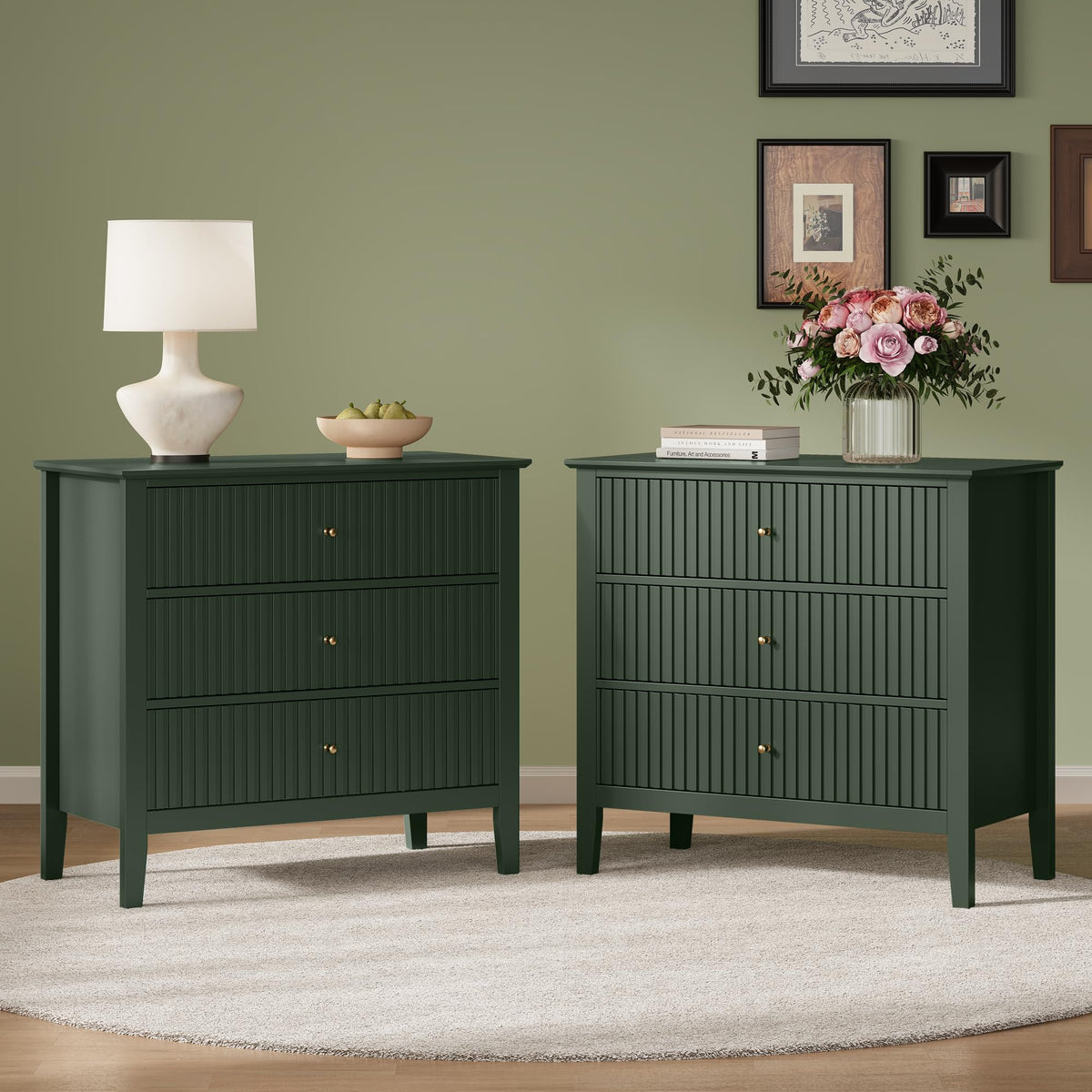 32" Dark Green 3 Drawer Nightstand Set of 2 V45677