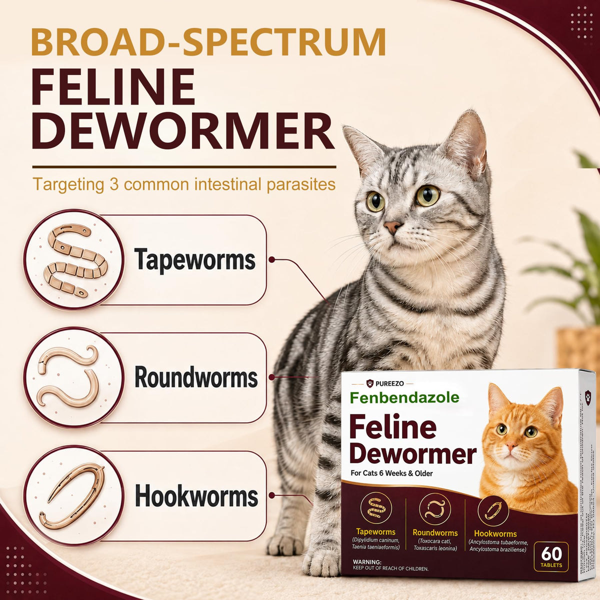 Cat Dewormer Tablets for Tapeworms, Roundworms & Hookworms W526895