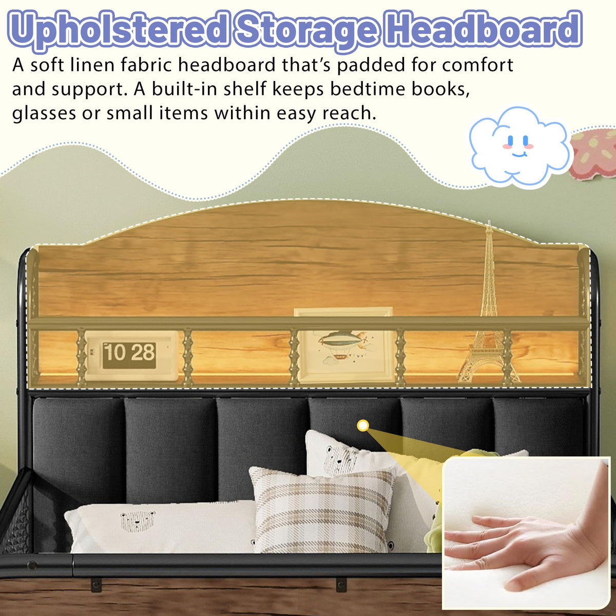 Black Metal Twin Bed Frame with Storage and Upholstered Headboard Q857