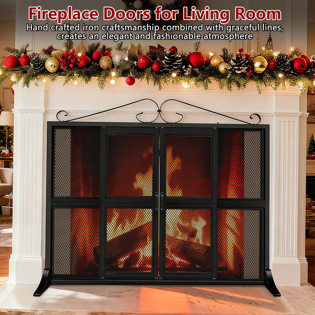 Hand-Forged Iron Fireplace Screen with Sliding Doors E734267