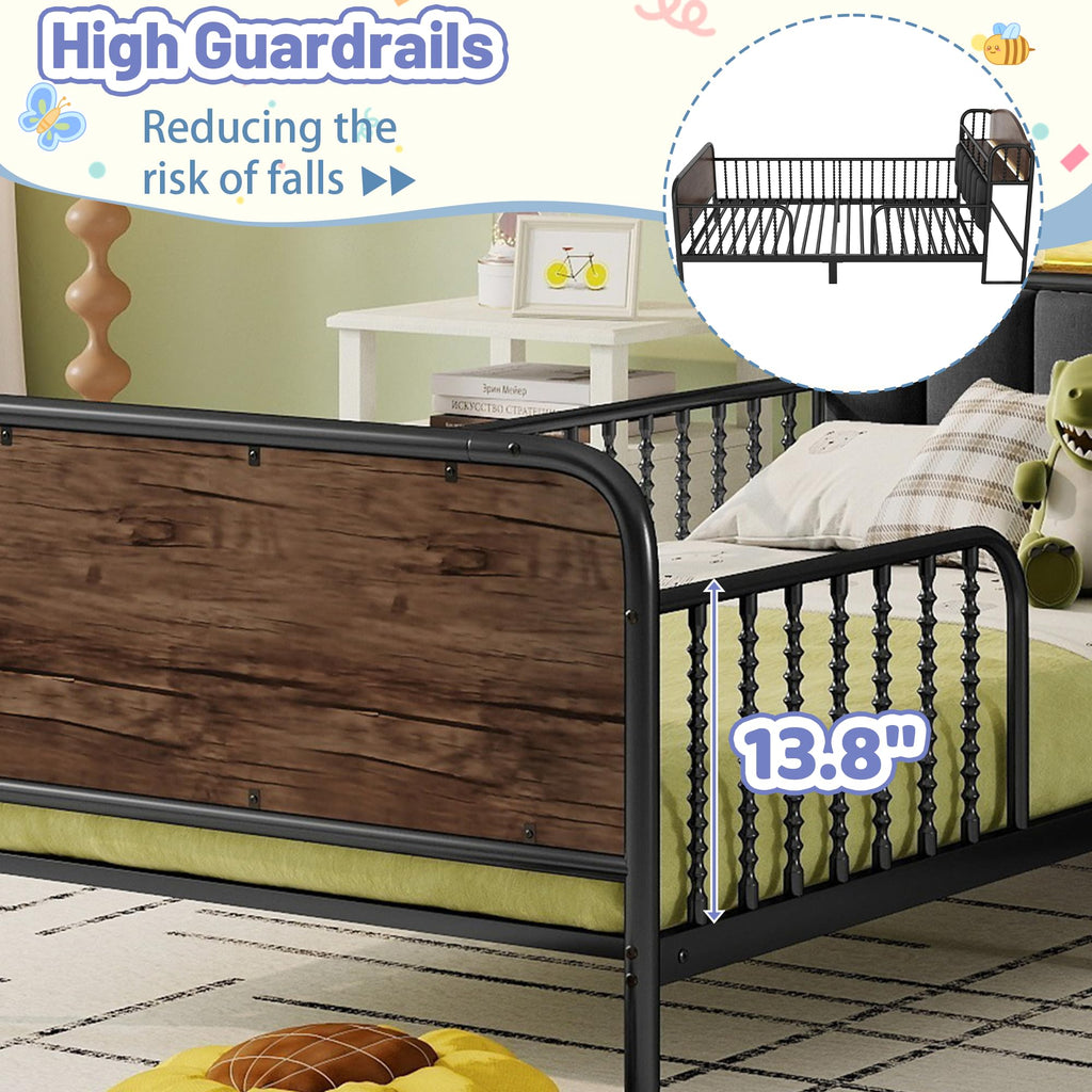 Black Metal Twin Bed Frame with Storage and Upholstered Headboard Q857