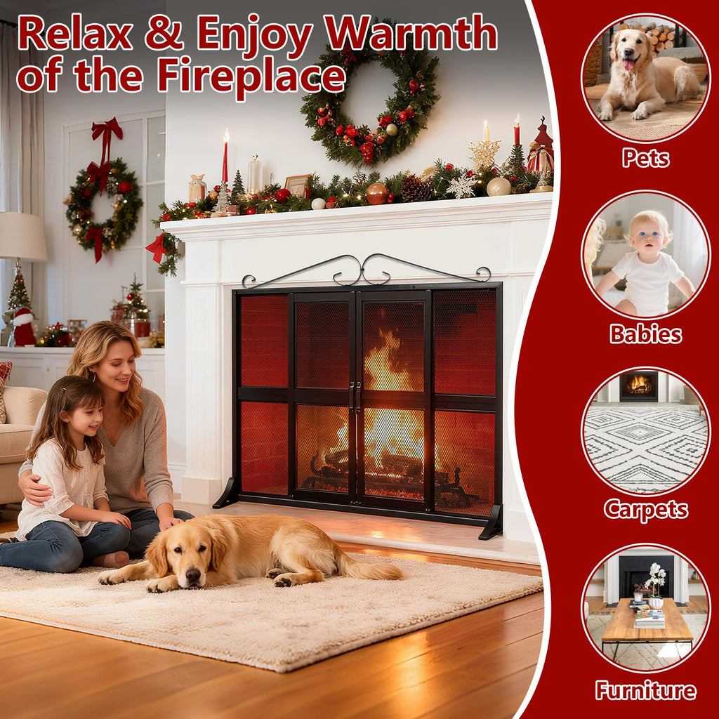 Hand-Forged Iron Fireplace Screen with Sliding Doors E734267