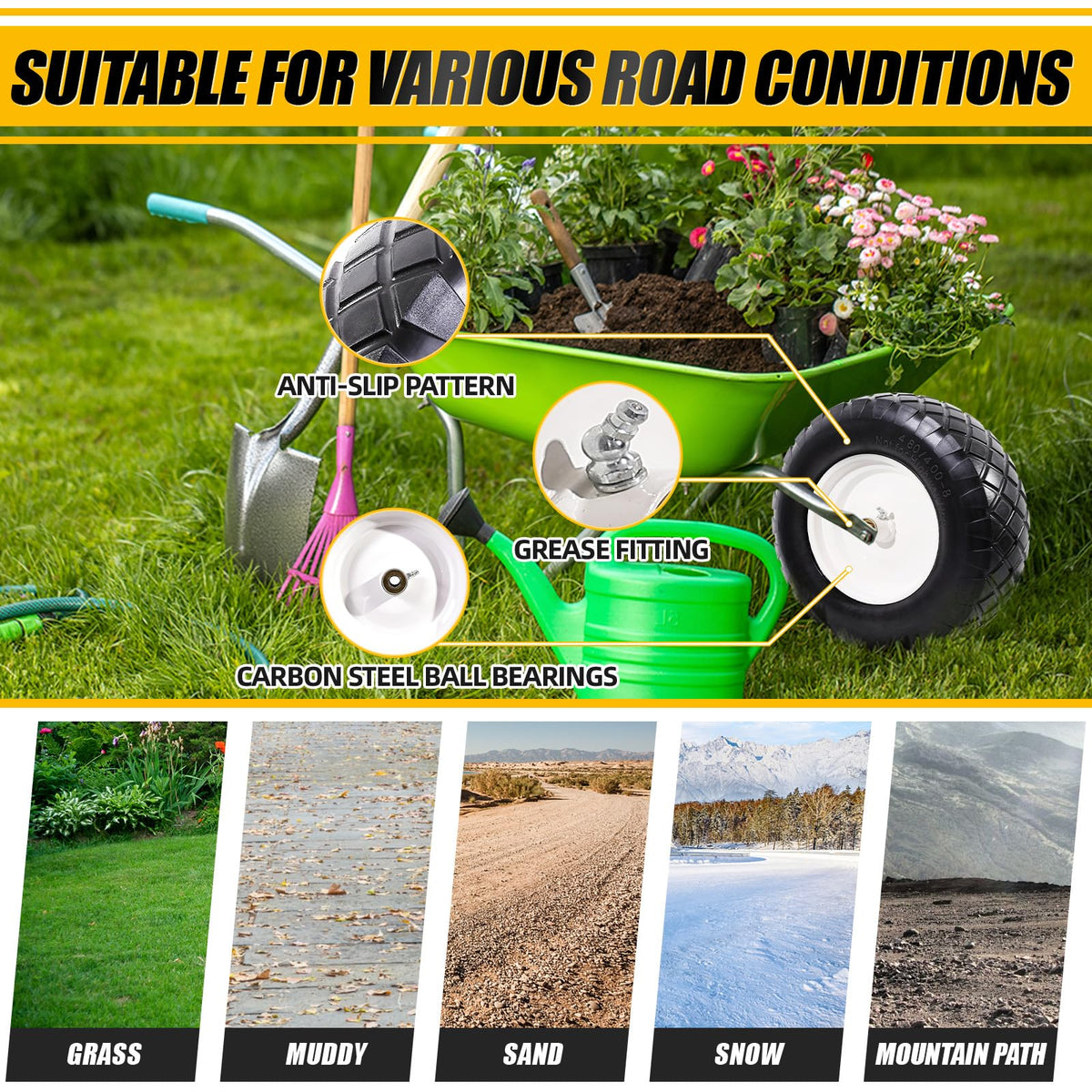 4.80/4.00-8" Flat Free Wheelbarrow Tire and Wheel E56917