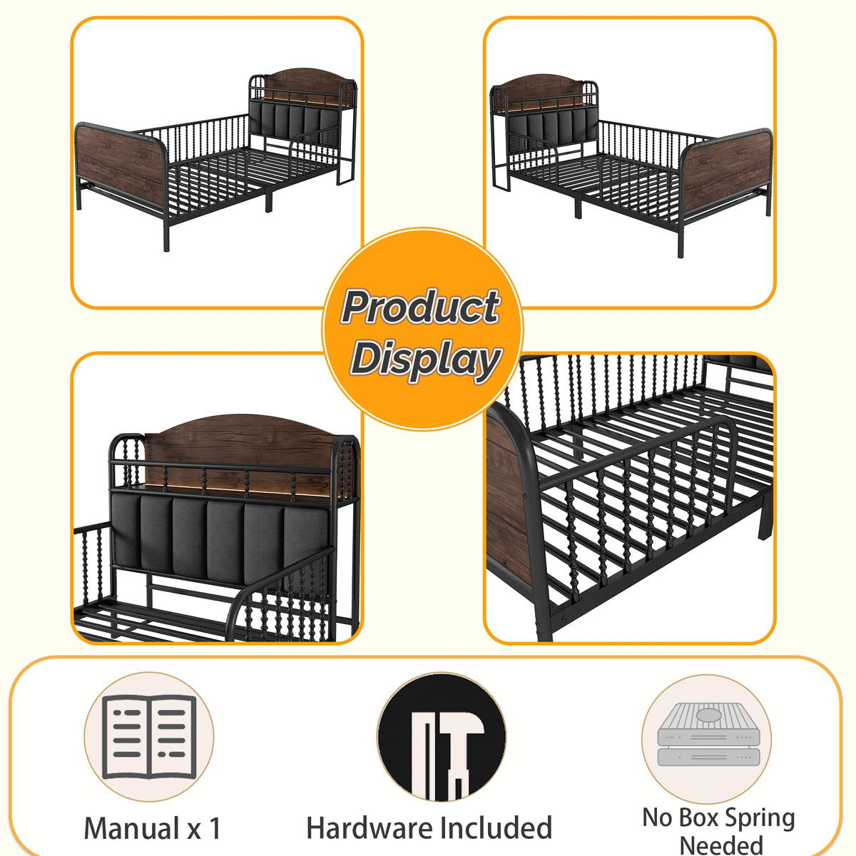 Black Metal Twin Bed Frame with Storage and Upholstered Headboard Q857