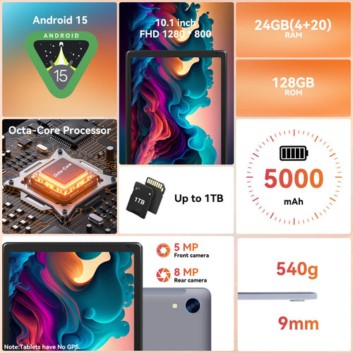 10.1" Android Tablet with Octa-core Processor 24GB RAM 128GB ROM HD IPS Touchscreen A6536