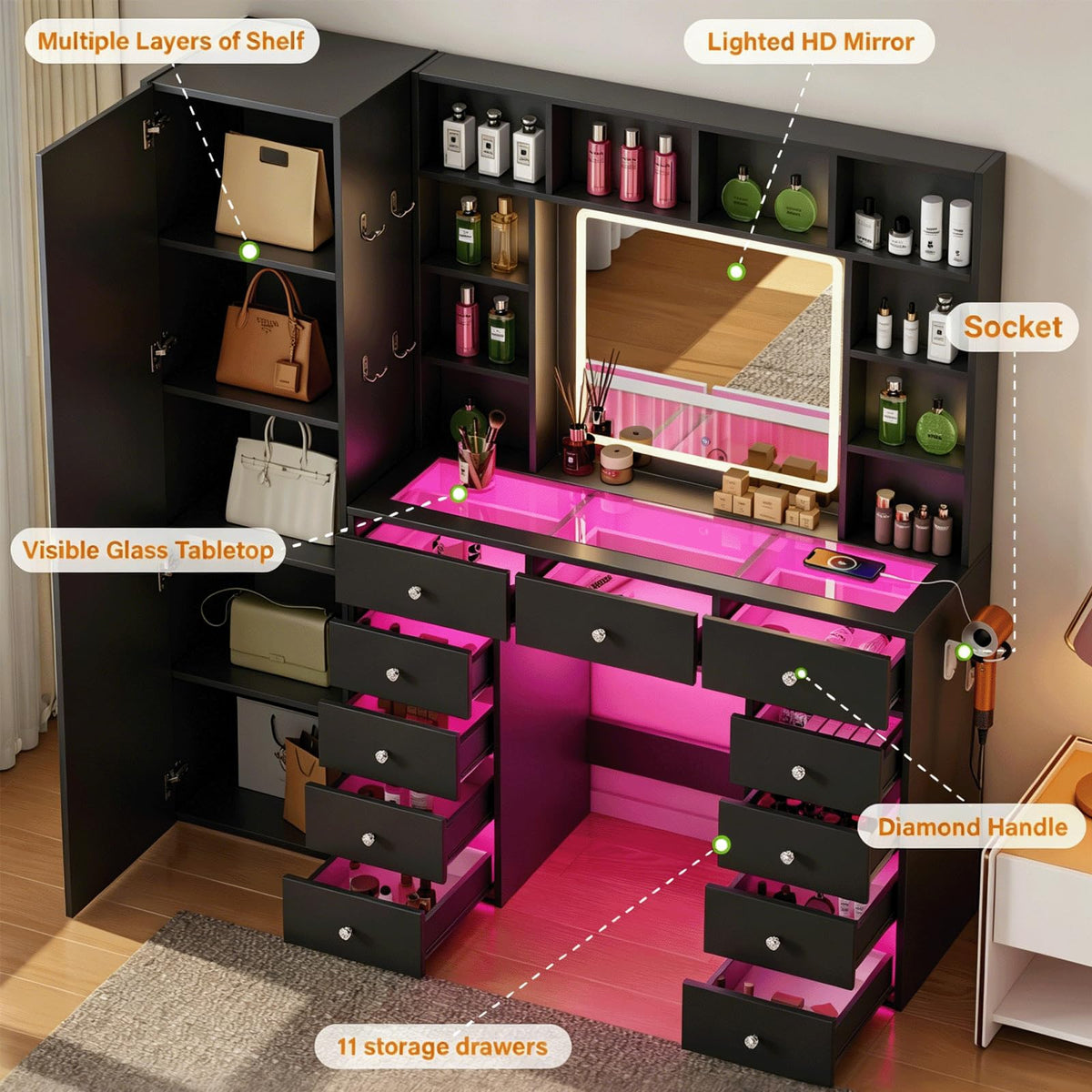 Full Length Mirror Vanity Desk with LED Mirror and 11 Drawers I4078