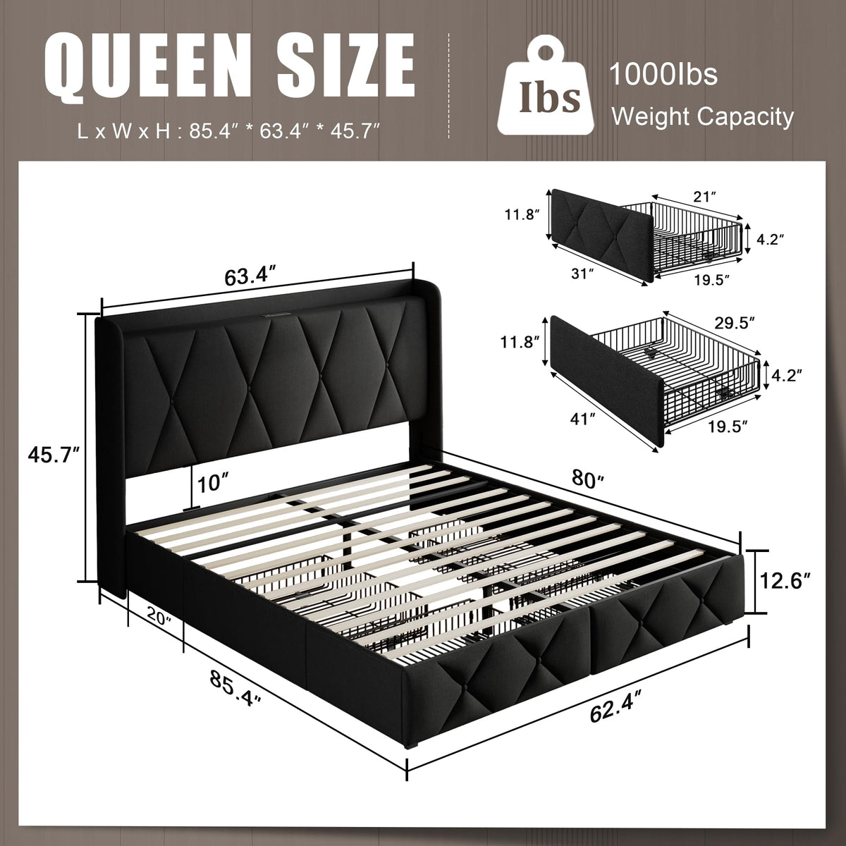 Queen Bed Frame with 4 Storage Drawers and Charging Station D2287
