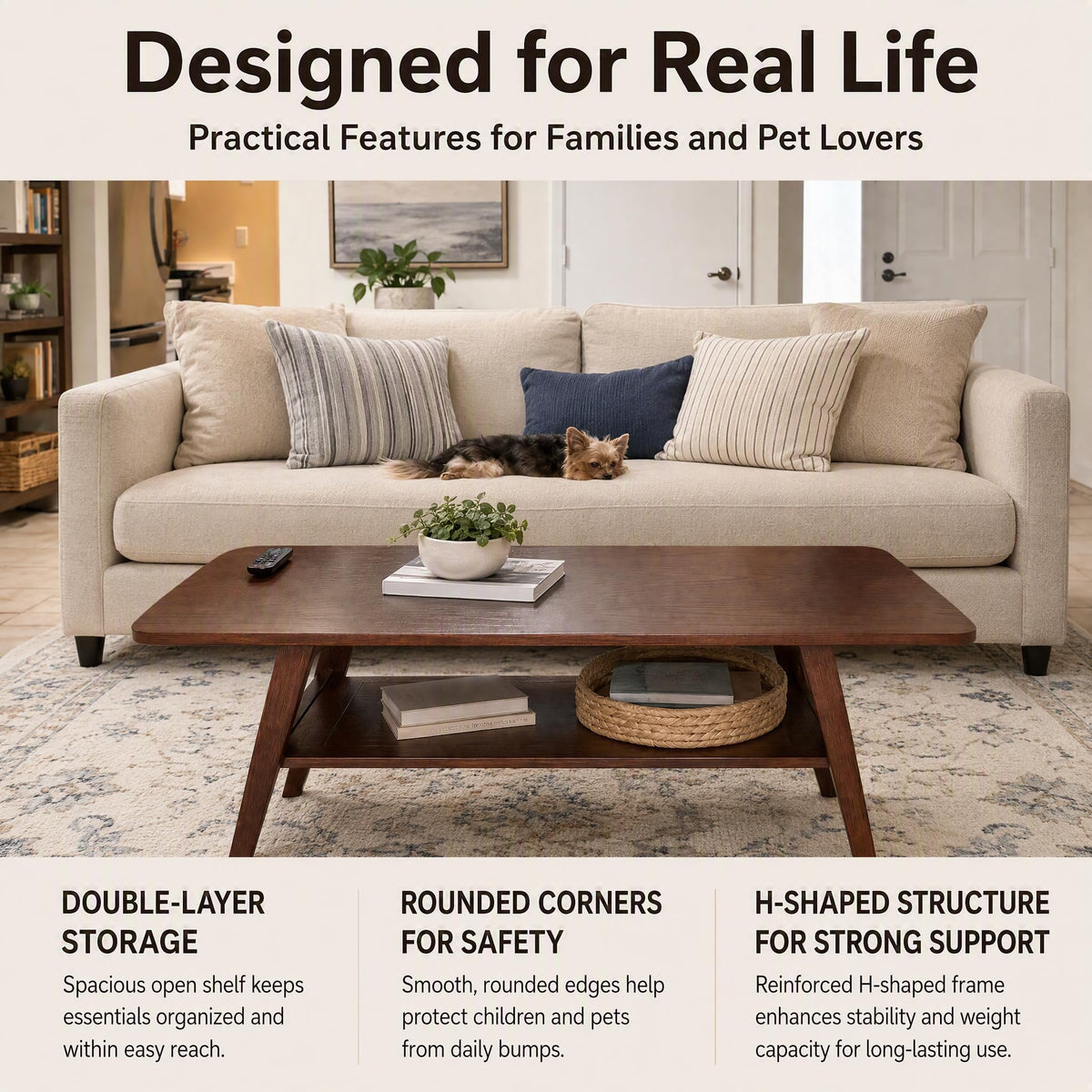 Solid Wood 2-Tier Coffee Table with Shelf Storage T870