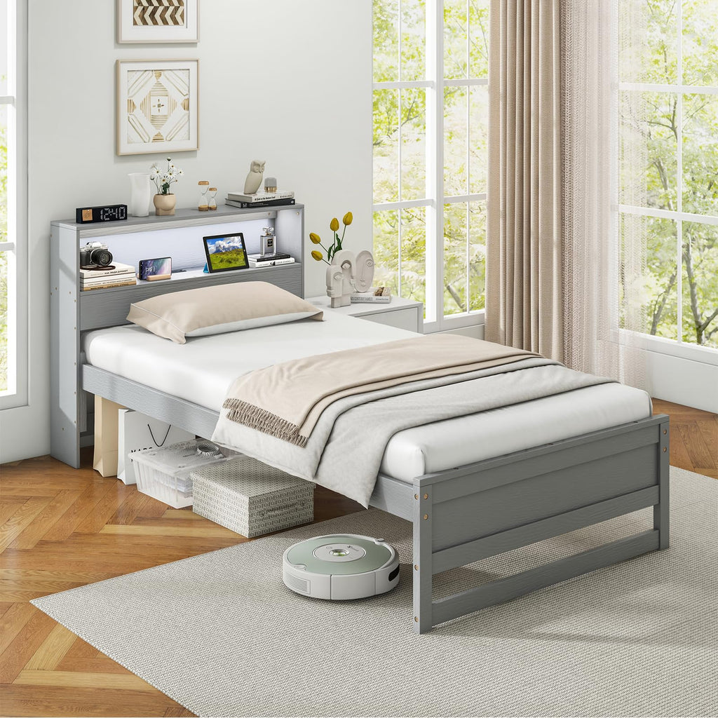 Twin Wood Platform Bed with Storage Headboard and Charging Station X10707