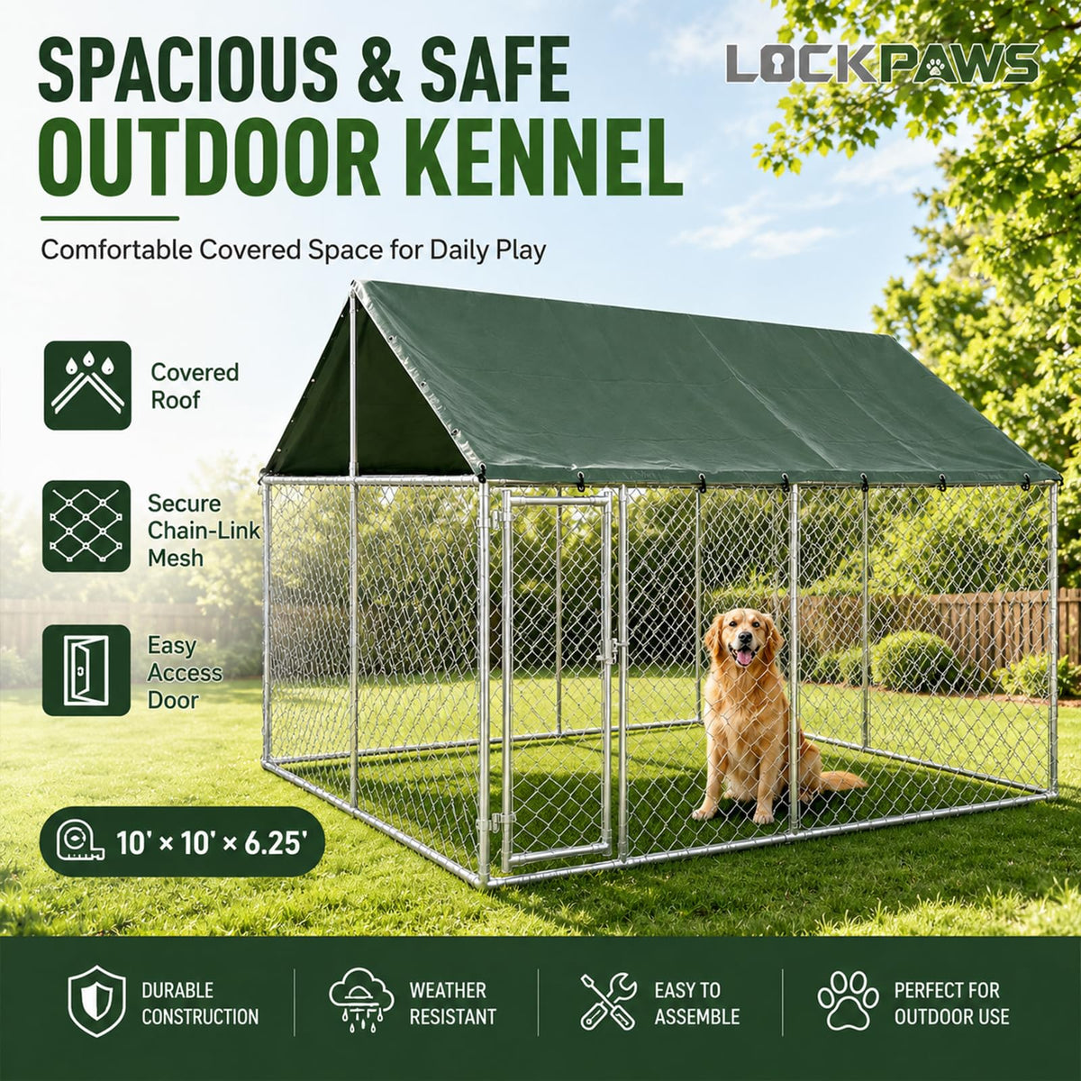 10x10FT Heavy Duty Galvanized Steel Outdoor Dog Kennel Q90979