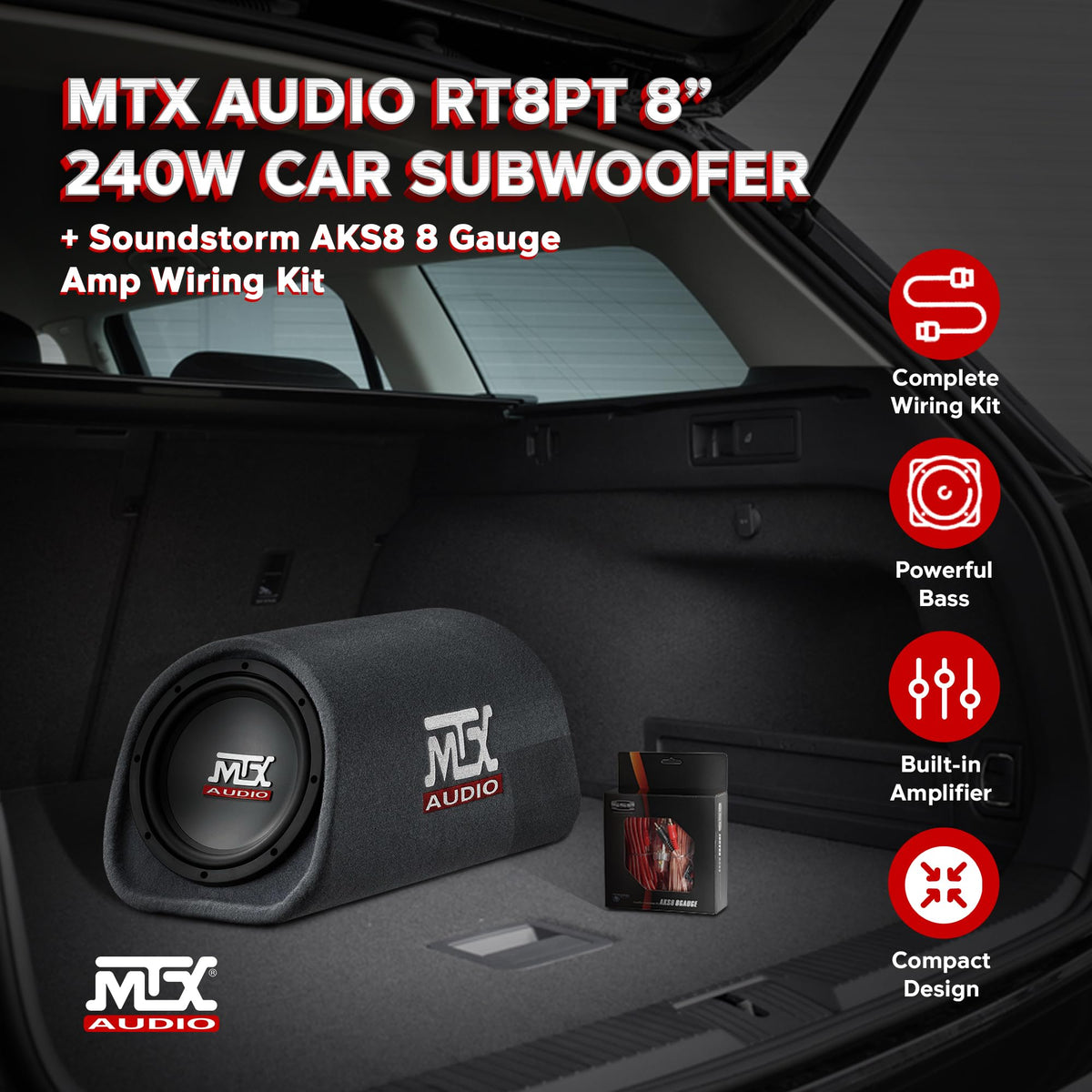 8" Amplified Vented Tube Box Subwoofer & Wiring Kit T83310