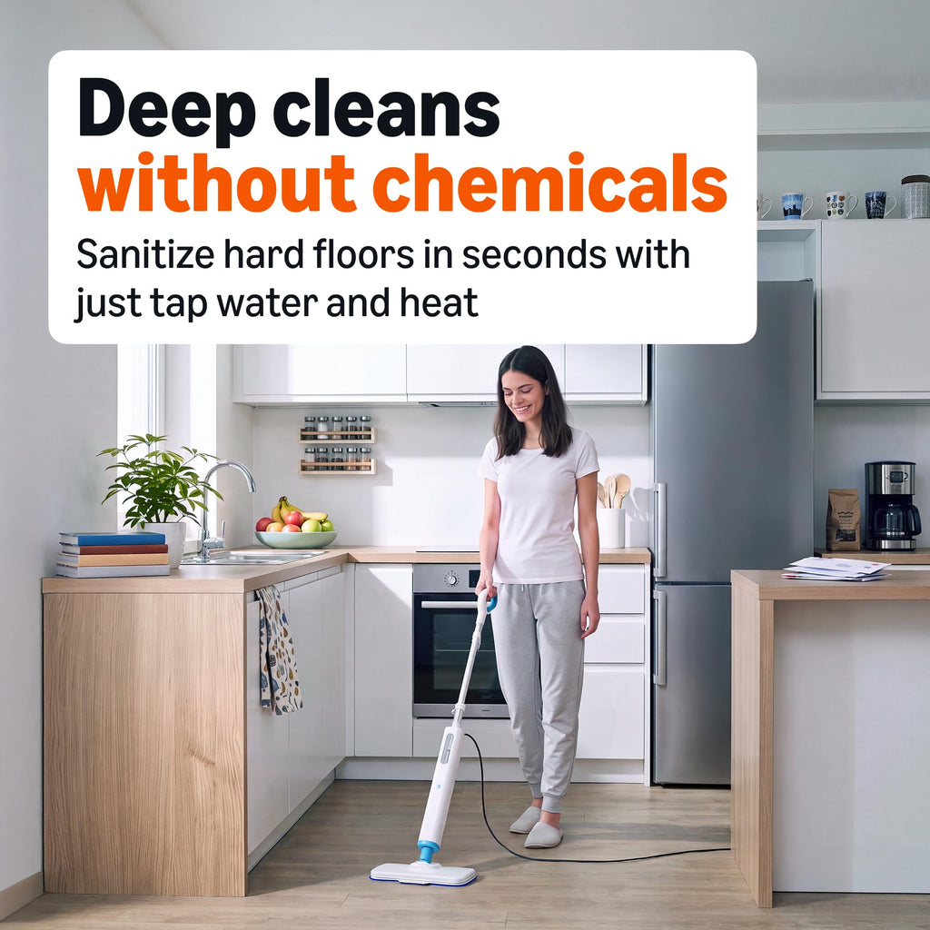 Steam Mop for Sealed Hard Floors, 3 Washable Pads, 20-Foot Cord, White F57234