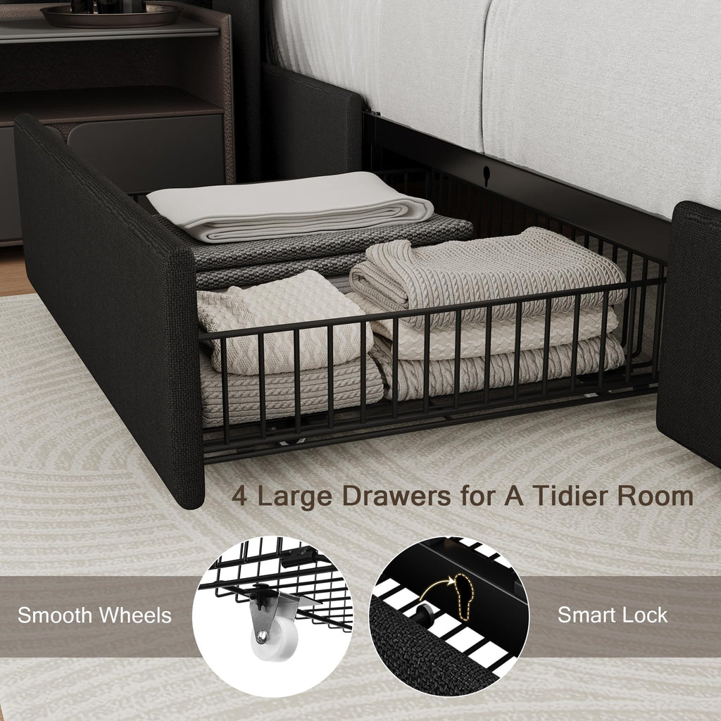 Queen Bed Frame with 4 Storage Drawers and Charging Station D2287