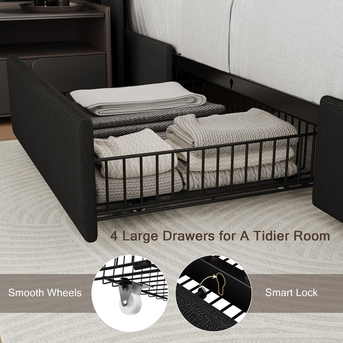 Queen Bed Frame with 4 Storage Drawers and Charging Station D2287