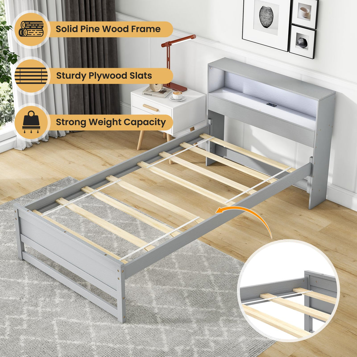 Twin Wood Platform Bed with Storage Headboard and Charging Station X10707