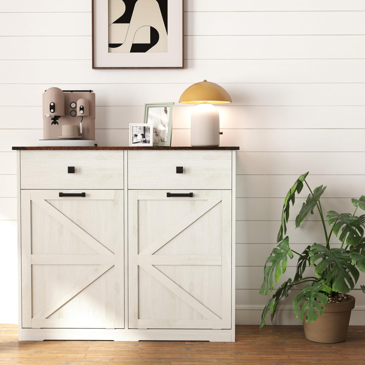 Antique White Tilt Out Trash Cabinet with 2 Drawers A372