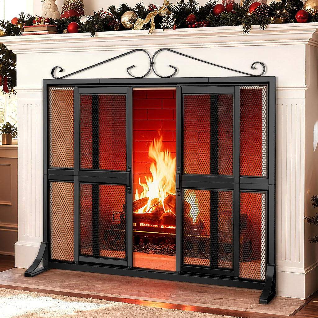 Hand-Forged Iron Fireplace Screen with Sliding Doors E734267