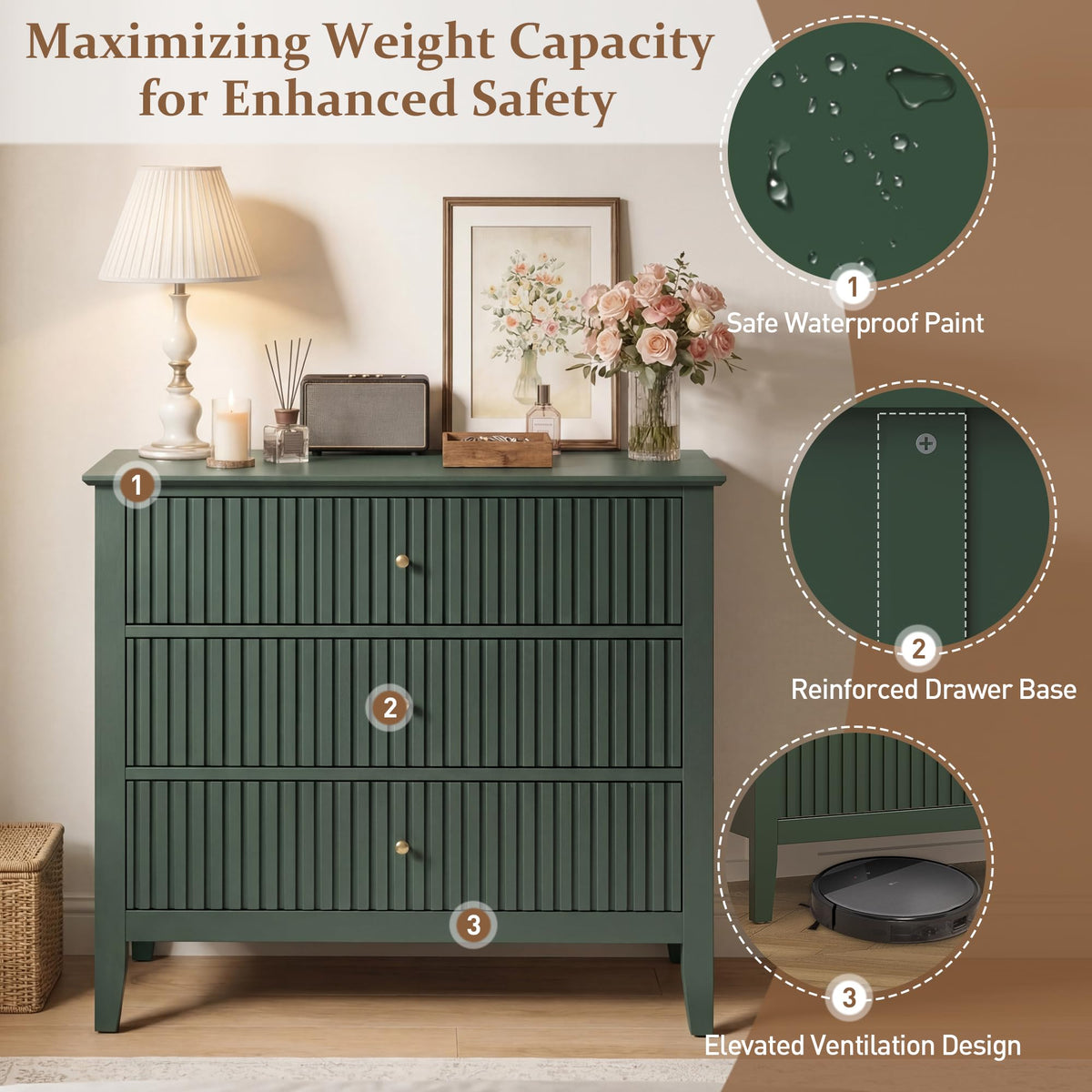 32" Dark Green 3 Drawer Nightstand Set of 2 V45677