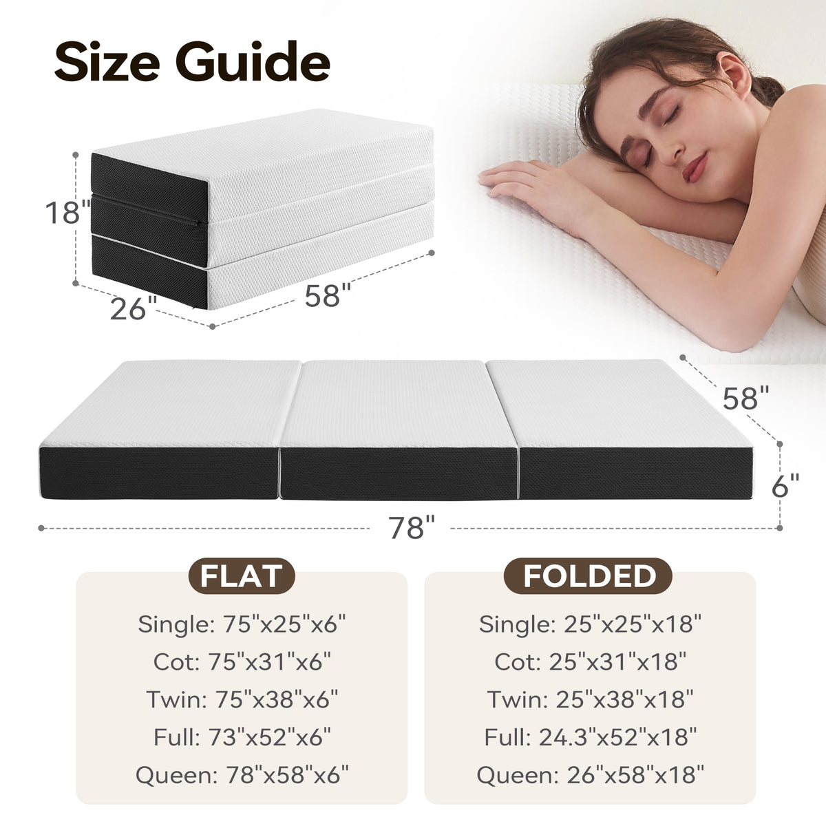 6 Inch Tri Fold Memory Foam Queen Mattress with Washable Cover Y482649