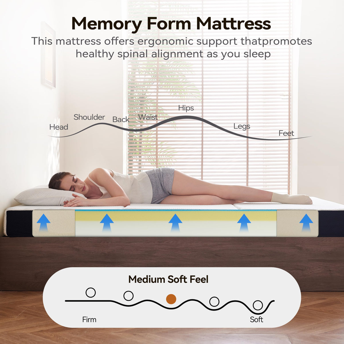 6 Inch Tri Fold Memory Foam Queen Mattress with Washable Cover Y482649