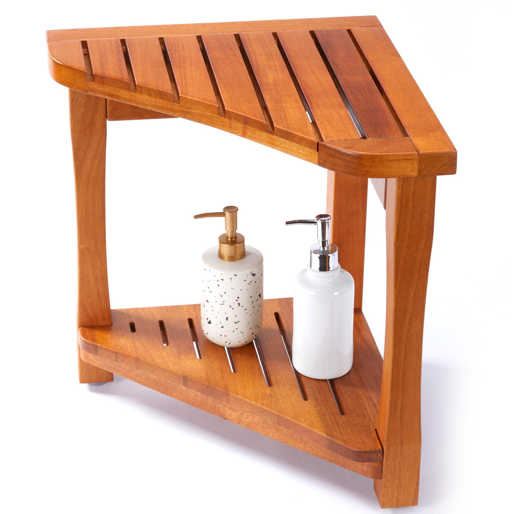 Teak Corner Shower Bench with Storage Shelf W8256