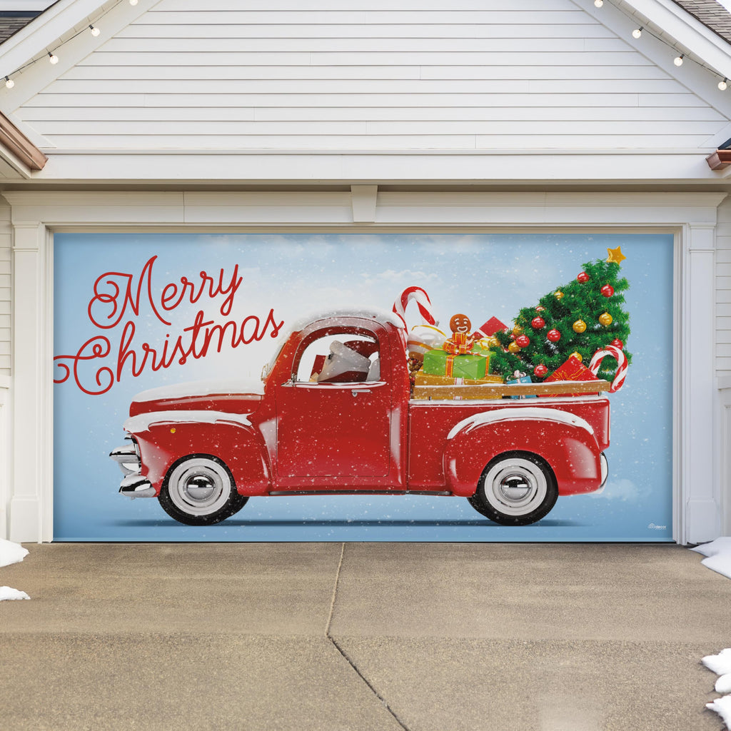 Red Truck Christmas Tree Double Garage Door Banner X814