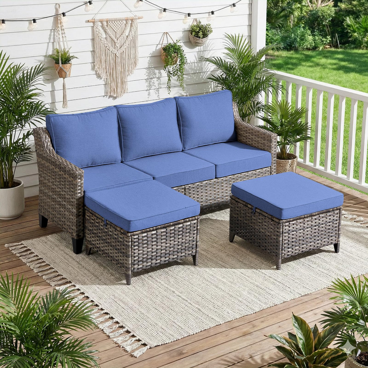 3 Pieces All Weather Wicker Patio Sofa Set with 2 Footstools C23547