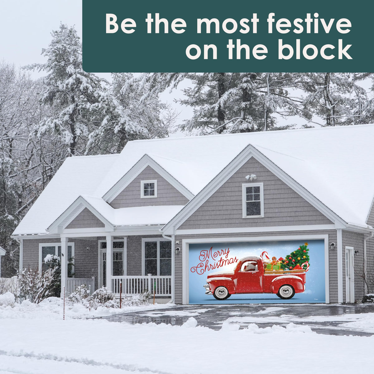 Red Truck Christmas Tree Double Garage Door Banner X814